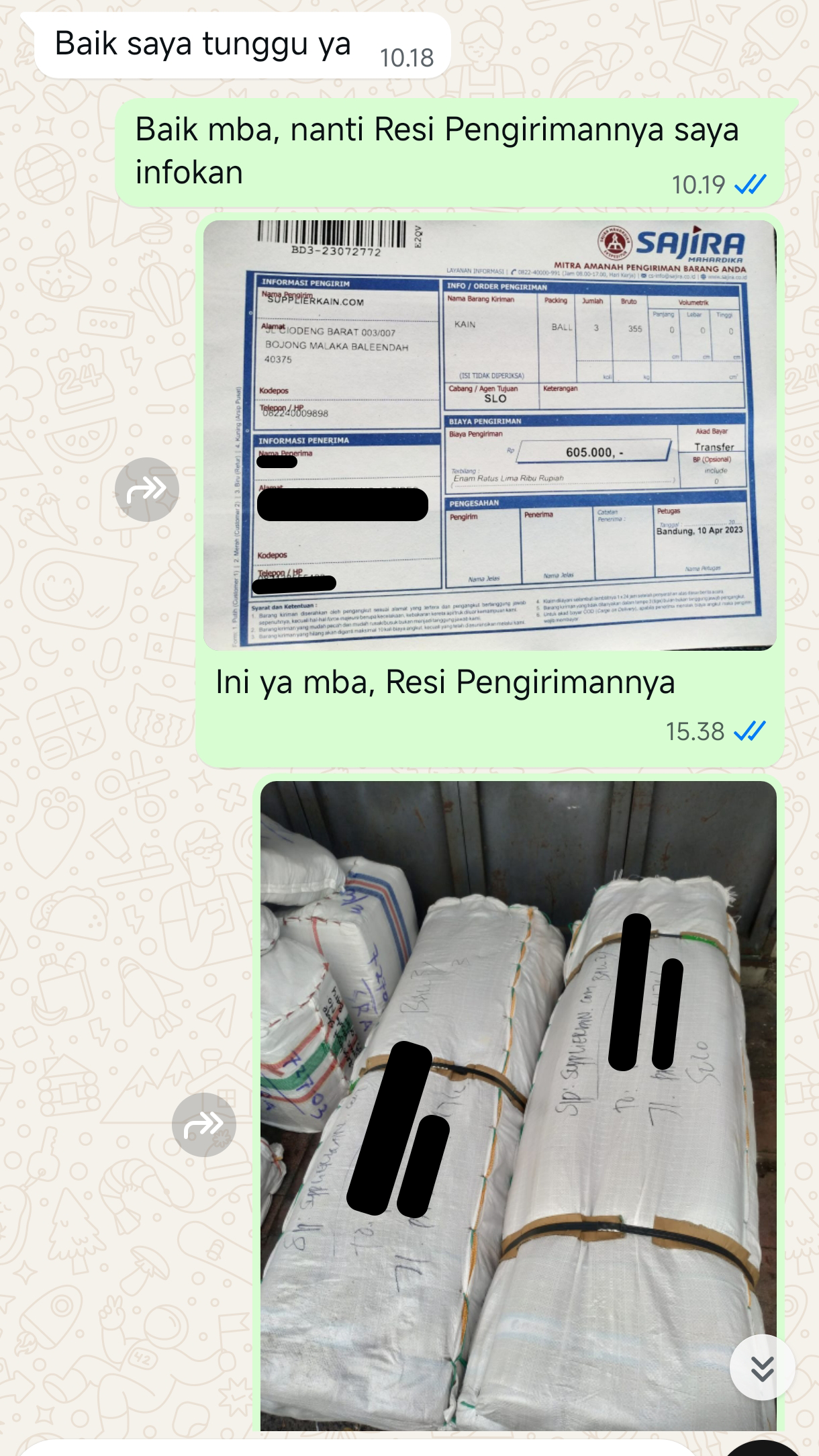 Testimoni chat pelanggan supplierkain.com