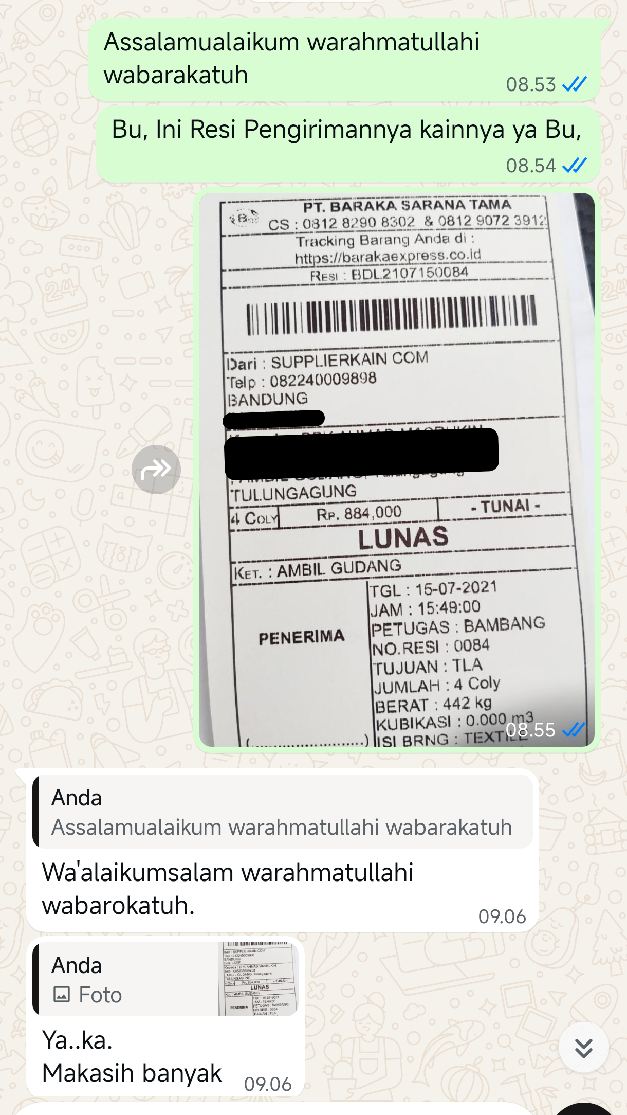 Testimoni chat pelanggan supplierkain.com