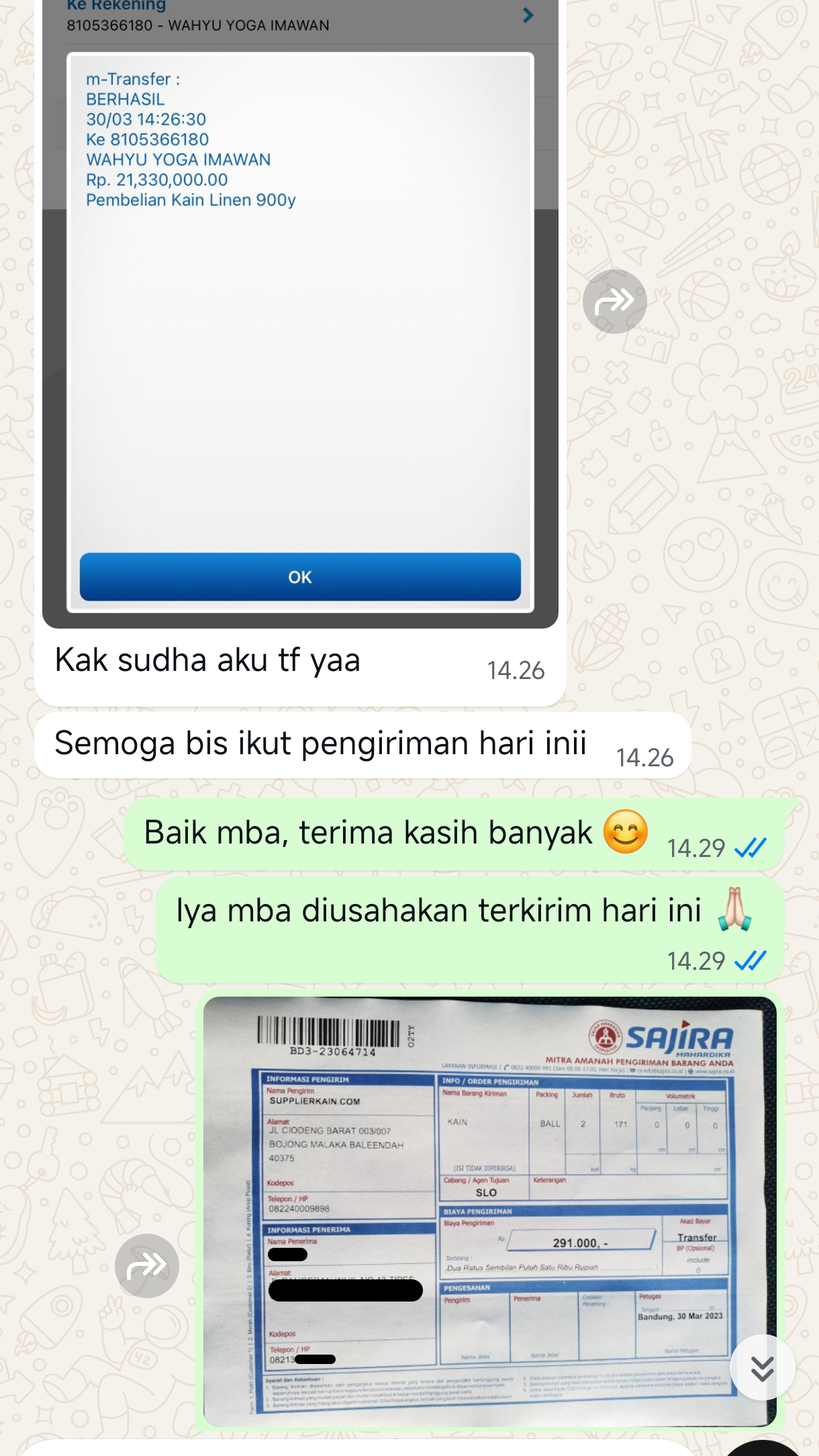 Testimoni chat pelanggan supplierkain.com
